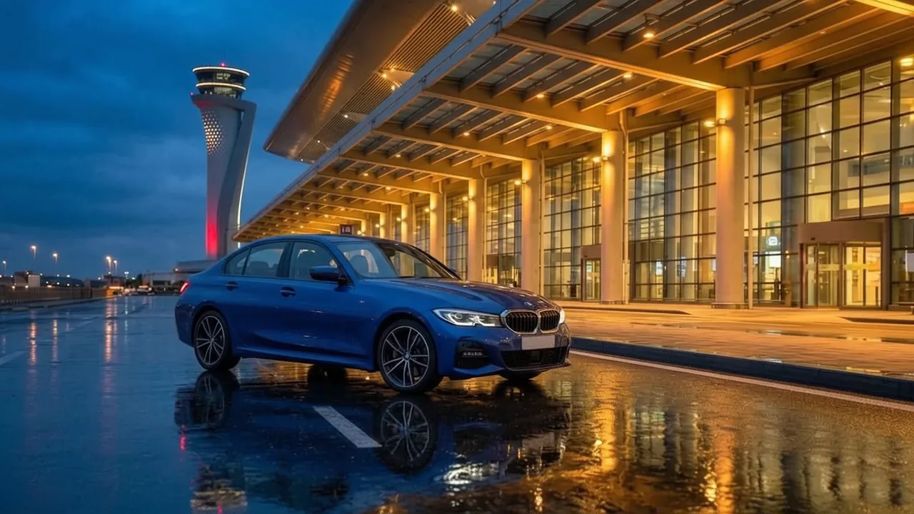 Blue sedan with its door opening at an airport at night