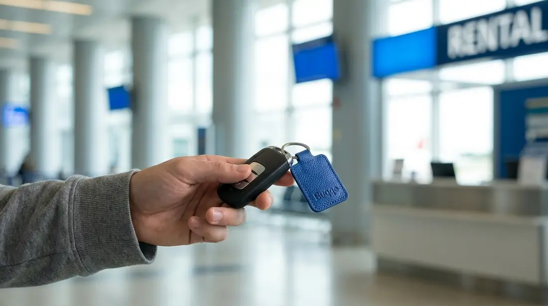 Hand receiving a car key at a rental desk